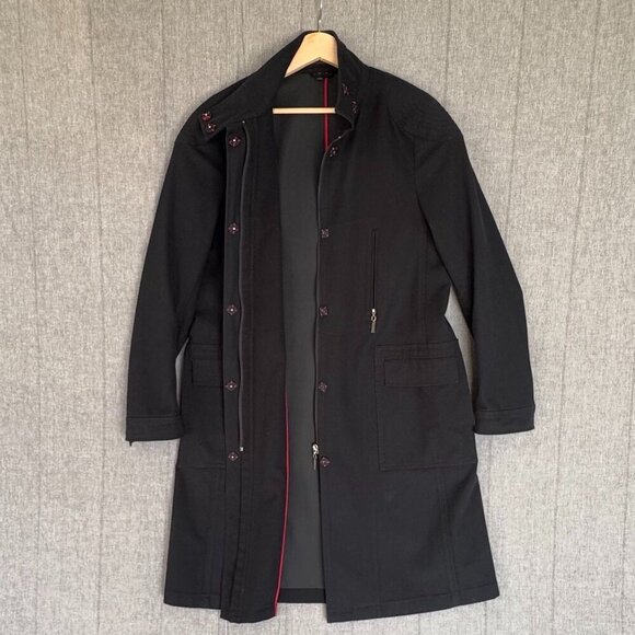Vintage Y2K Hilfiger Black Stretch Cotton Long Military Midi Coat Size X-Large - Picture 3 of 17